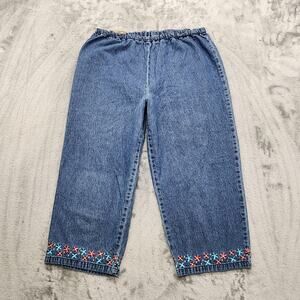 Vintage AMI Jeans Womens L Blue Pull On Denim Capri Embroidered Floral Hem
